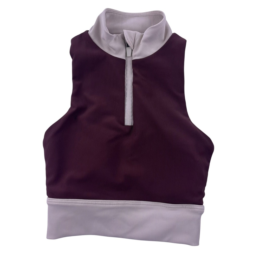 WILO Melbourne Australia Ribbed Quarter Zip Athletic Crop Top Brown Cream XS